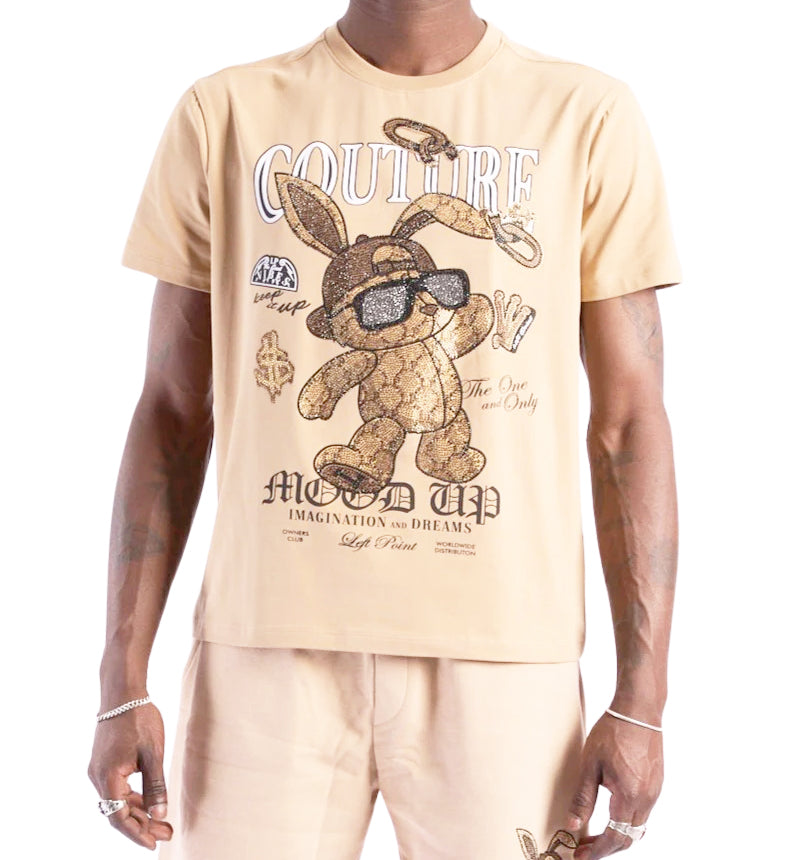 LEFT POINT MEN'S RHINESTONE DESIGN HARE IN BREAKING T-SHIRT (BEIGE)