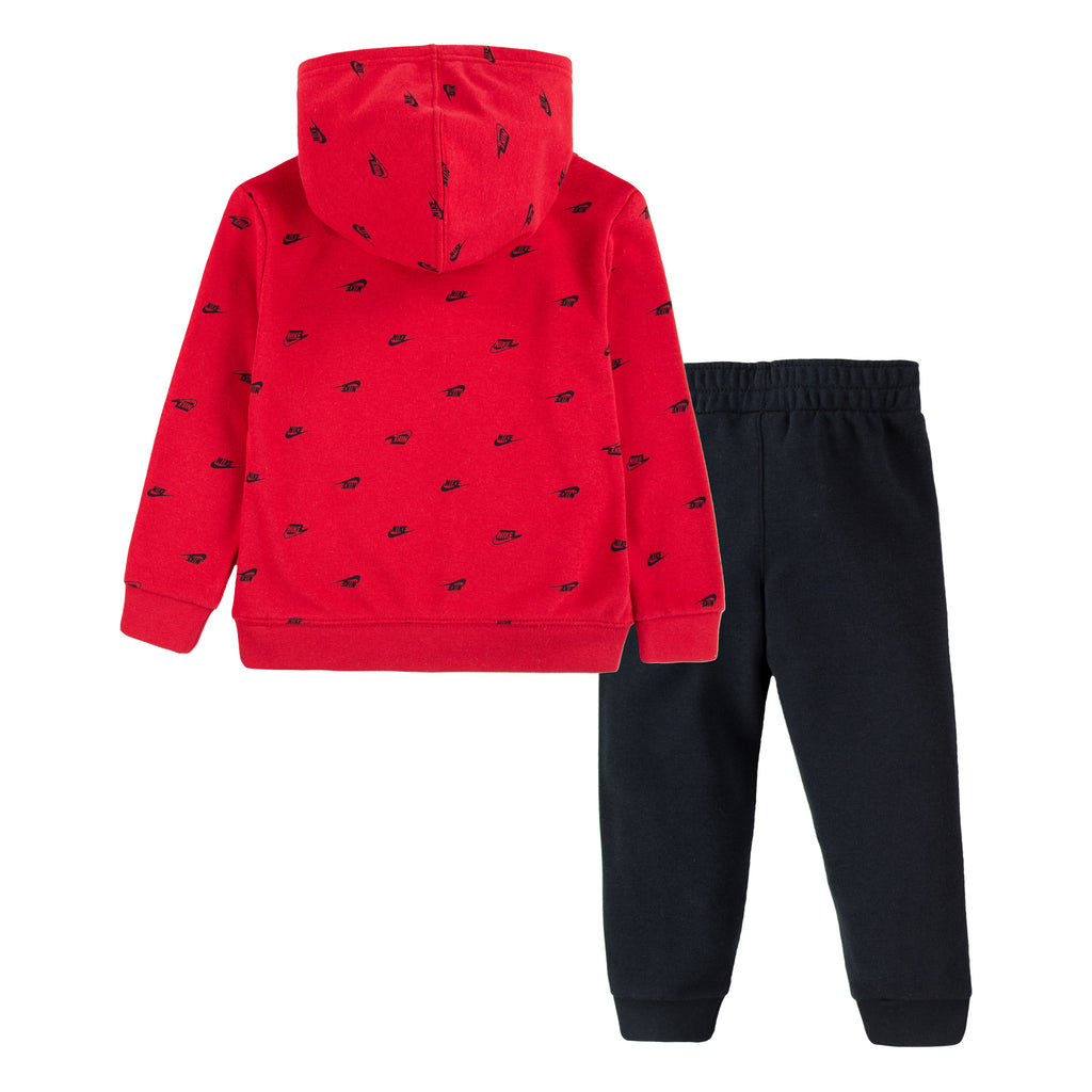 NIKE KIDS CLUB ALL OVER PRINT HOODIE & JOGGER SET (RED/BLACK SIZE 2T-4T)