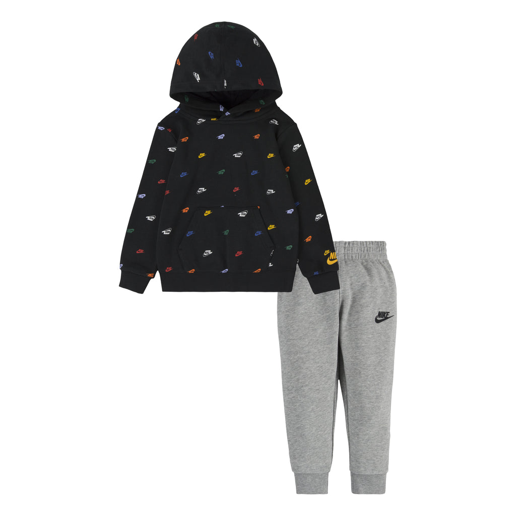 NIKE KIDS CLUB ALL OVER PRINT HOODIE & JOGGER SET (GREY/BLACK SIZE 2T-4T)