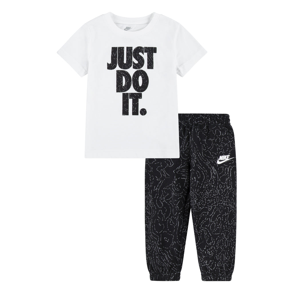 NIKE TODDLER JUST DO IT SHORT SLEEVE T-SHIRT & JOGGER SET (WHITE/BLACK SIZE 2T-4T)