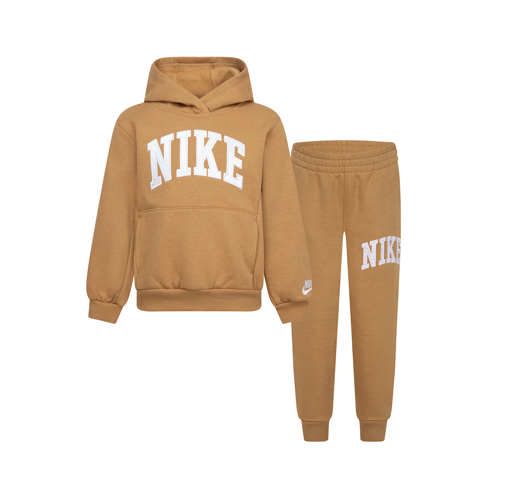 NIKE KIDS APPLIQUE FLEECE PULLOVER BROWN HOODIE/JOGGER SET (SIZE 4-7)