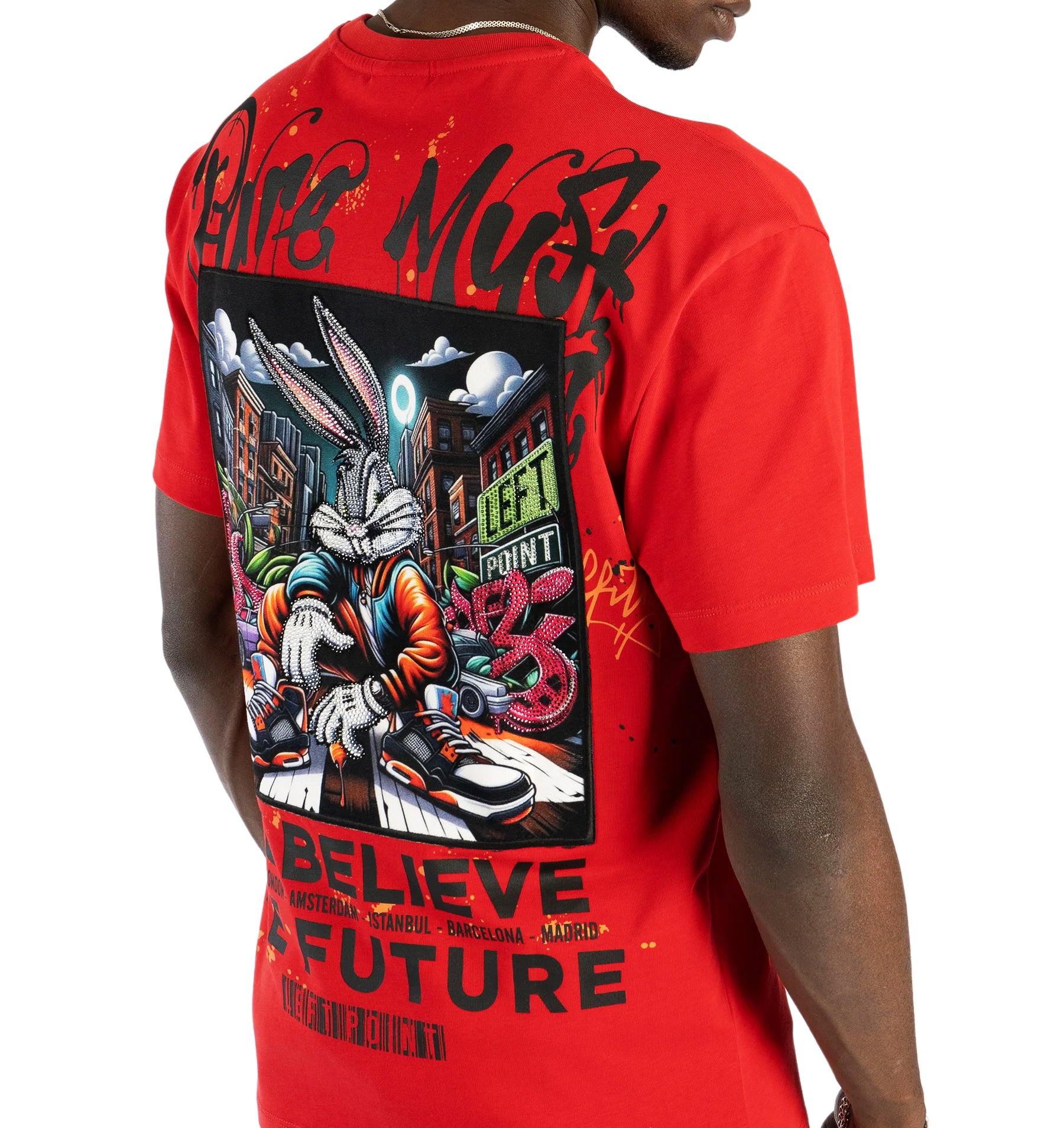LEFT POINT MEN'S RHINESTONE DESIGN WE BELIEVE THE FUTURE T-SHIRT (RED)
