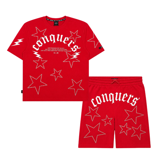 SWITCH MEN'S CONQUERS GRAPHIC & RHINESTONE T-SHIRT/SHORTS SET (RED)