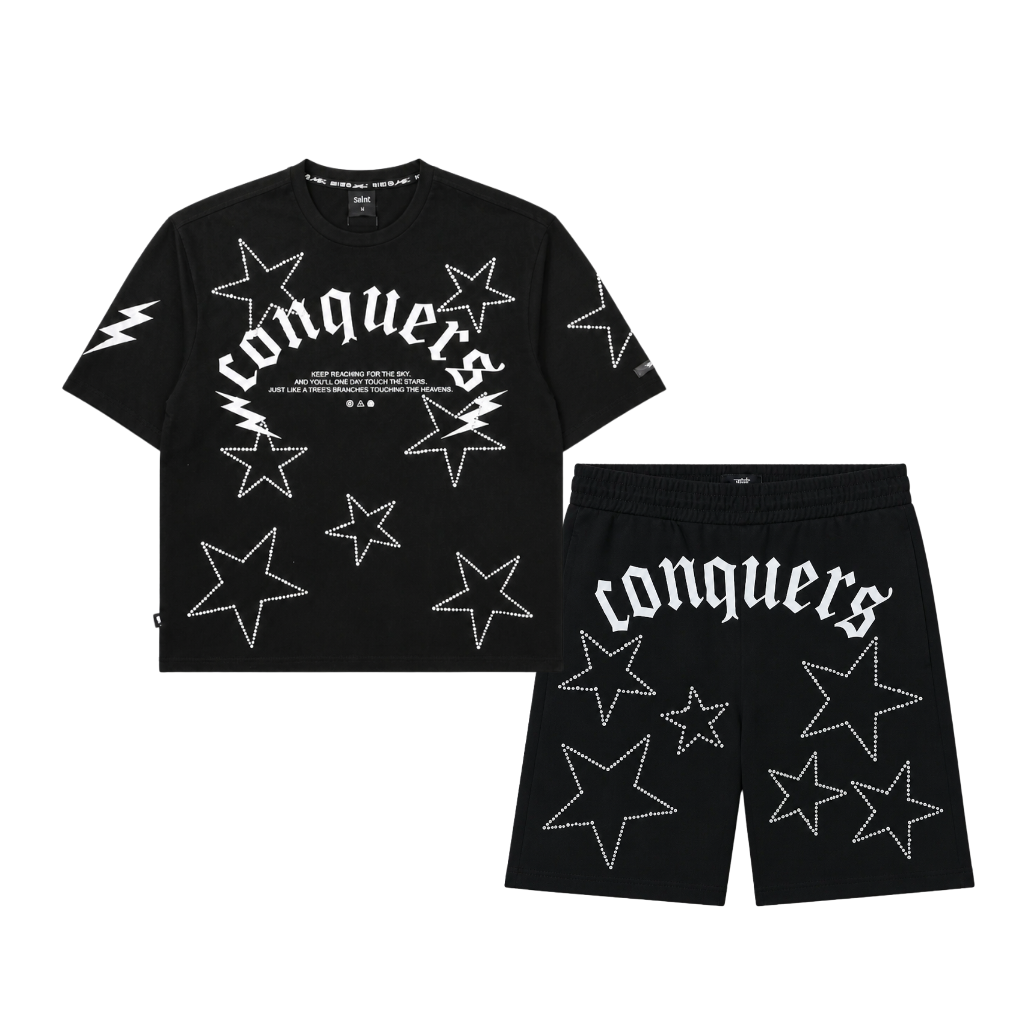 SWITCH MEN'S CONQUERS GRAPHIC & RHINESTONE T-SHIRT/SHORTS SET (BLACK)