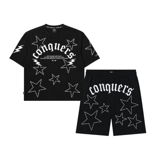 SWITCH MEN'S CONQUERS GRAPHIC & RHINESTONE T-SHIRT/SHORTS SET (BLACK)