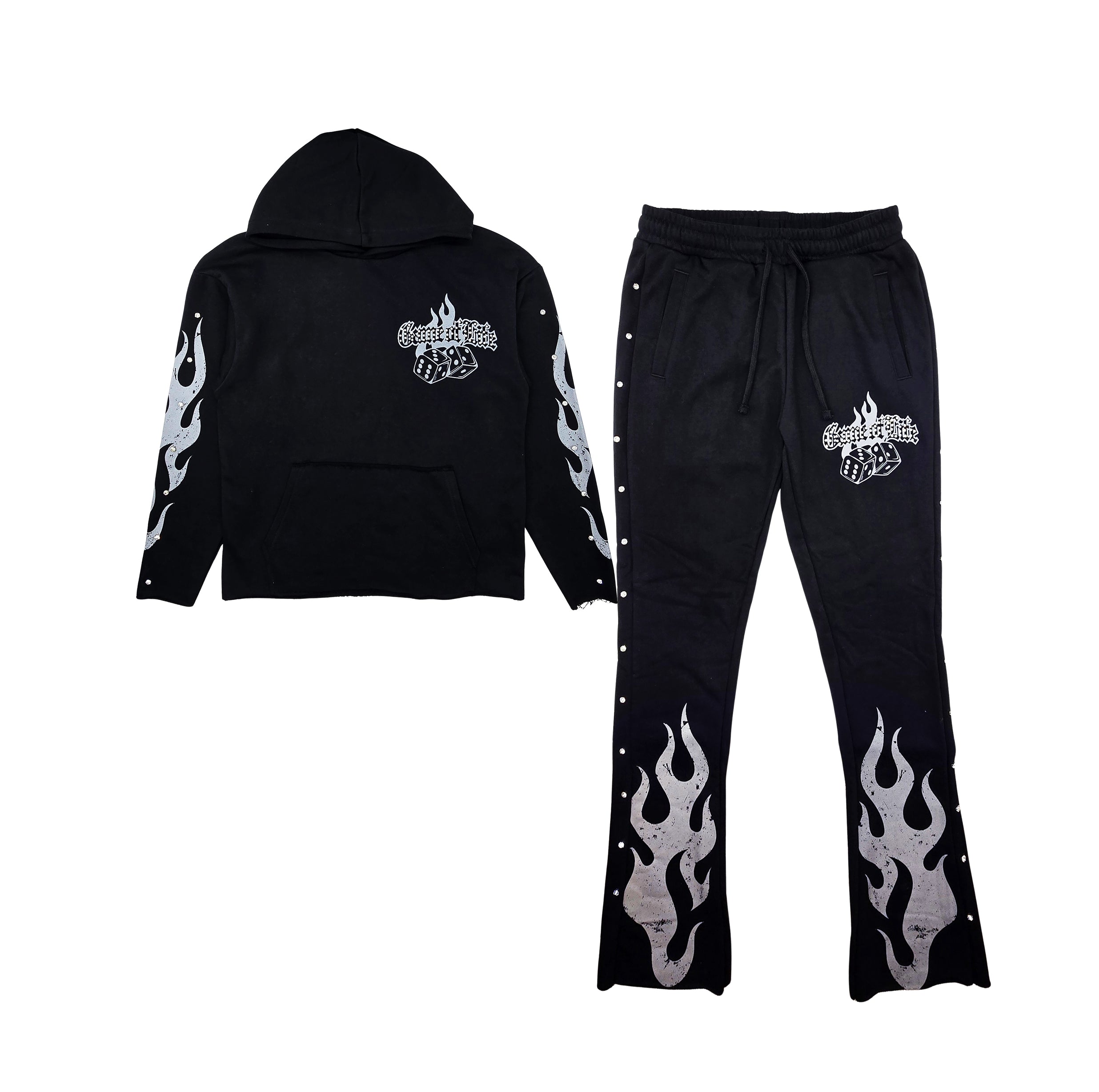 PJ MARK BLEECKER & MERCER MEN'S 2PIECE RHINESTONE GAME OF LIFE, PARADISE GRAPHIC BLACK PULLOVER & STACKED PANTS SET