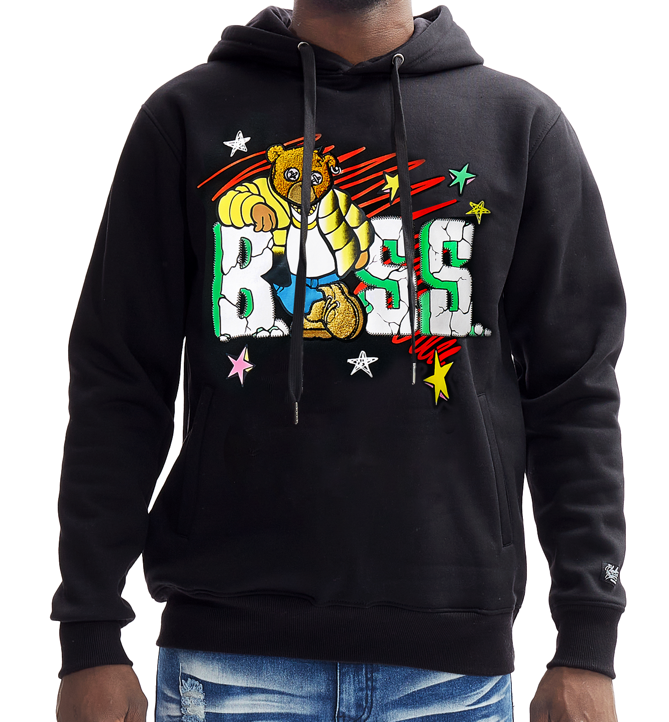 BLEECKER & MERCER MEN'S BOSS PRINT GRAPHIC FLEECE HOODIE (BLACK)