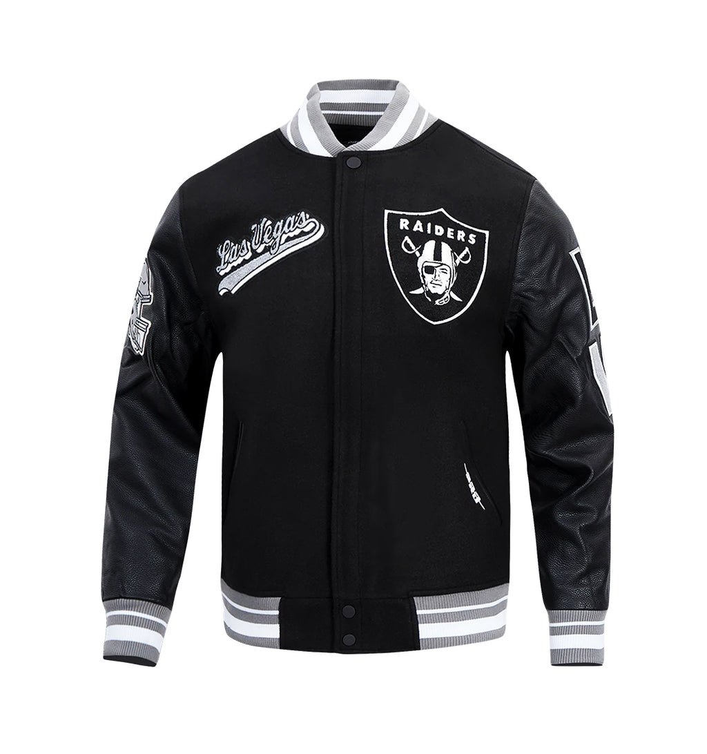 PRO STANDARD MEN'S NFL LAS VEGAS RAIDERS SCRIPT TAIL RIB WOOL BLACK/GREY VARSITY JACKET