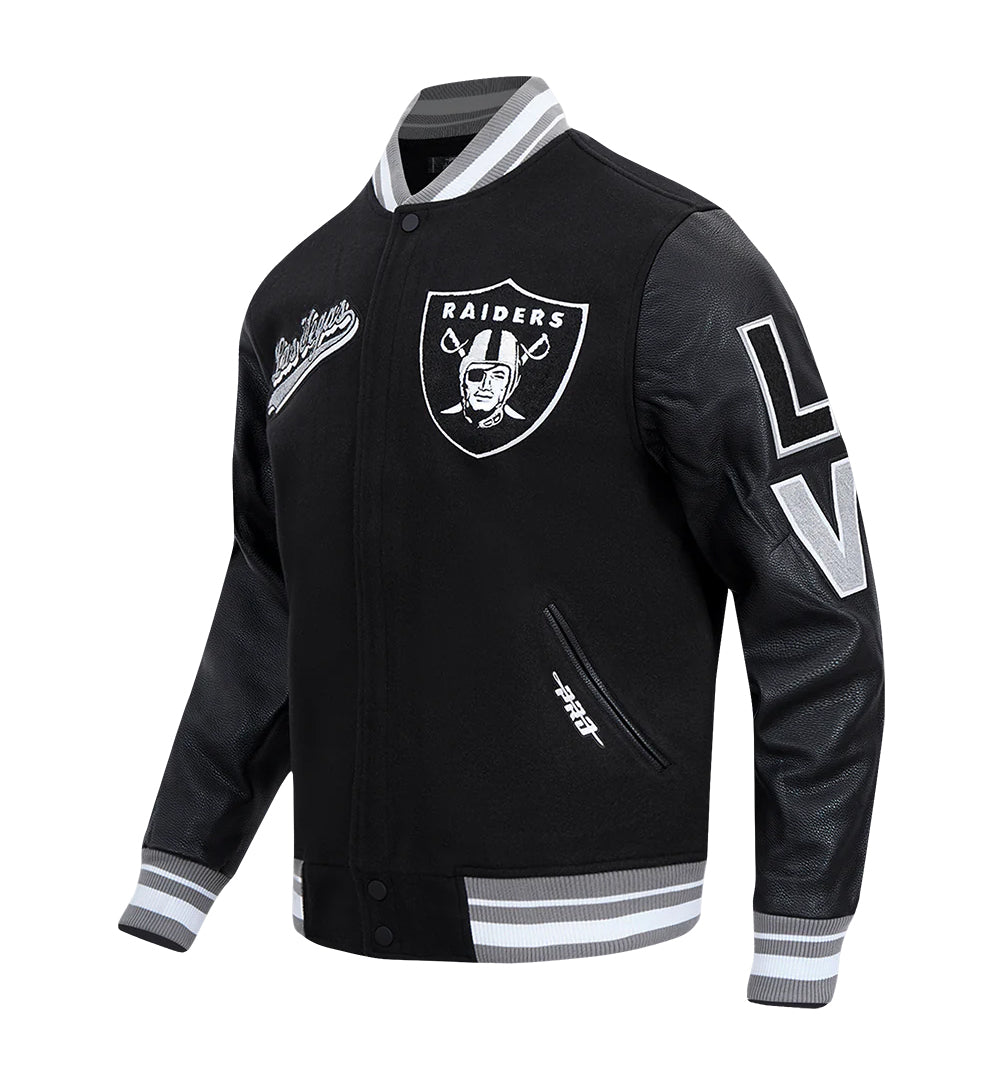 PRO STANDARD MEN'S NFL LAS VEGAS RAIDERS SCRIPT TAIL RIB WOOL BLACK/GREY VARSITY JACKET