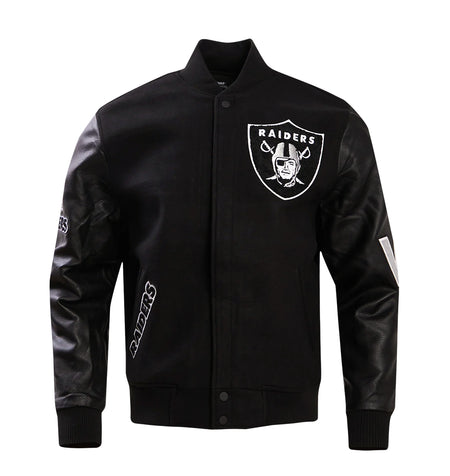 PRO STANDARD MEN'S NFL LAS VEGAS RAIDERS SCRIPT TAIL RIB WOOL BLACK/GREY VARSITY JACKET