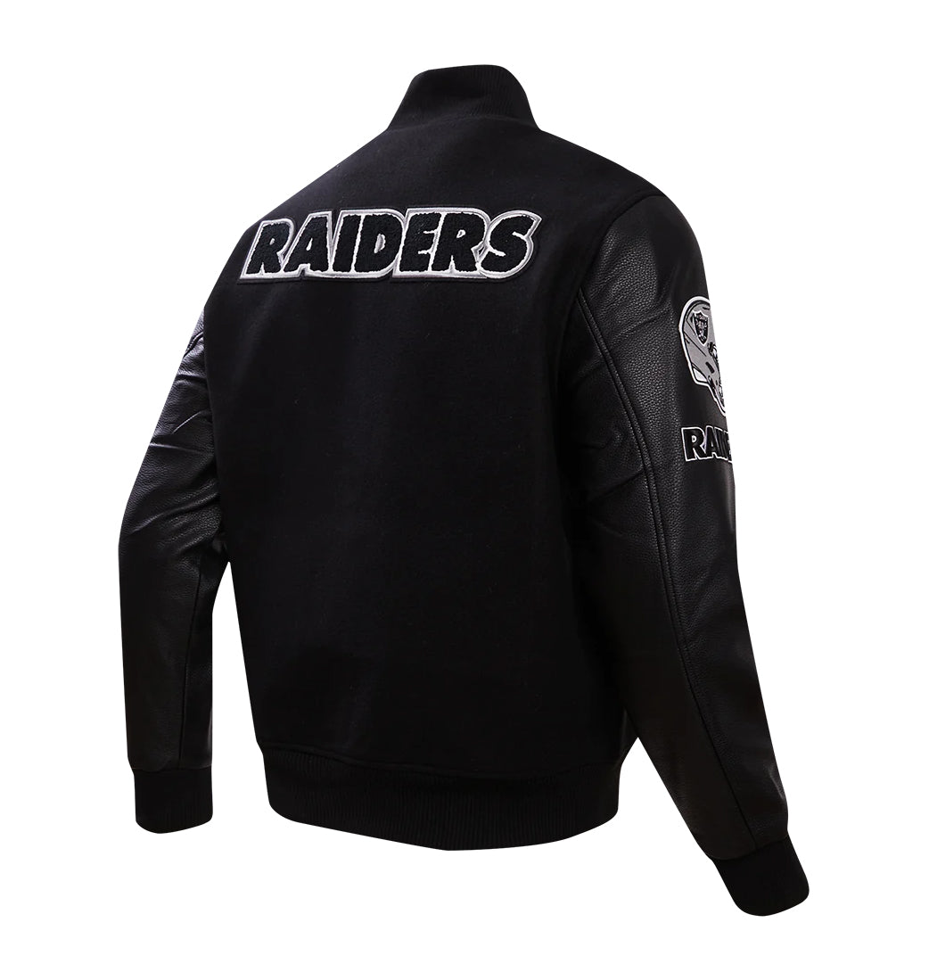 PRO STANDARD MEN'S NFL LAS VEGAS RAIDERS SCRIPT TAIL RIB WOOL BLACK/GREY VARSITY JACKET