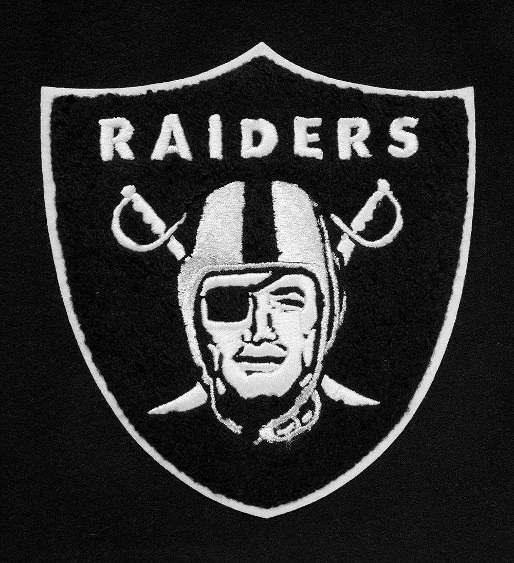 PRO STANDARD MEN'S NFL LAS VEGAS RAIDERS SCRIPT TAIL RIB WOOL BLACK/GREY VARSITY JACKET