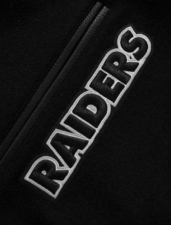 PRO STANDARD MEN'S NFL LAS VEGAS RAIDERS SCRIPT TAIL RIB WOOL BLACK/GREY VARSITY JACKET