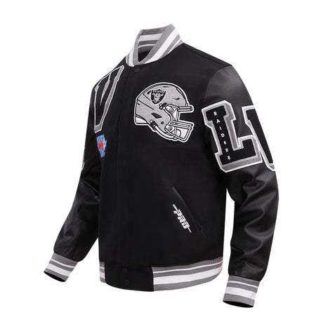 PRO STANDARD MEN'S NFL LAS VEGAS RAIDERS MASHUP RIB WOOL BLACK/GREY VARSITY JACKET