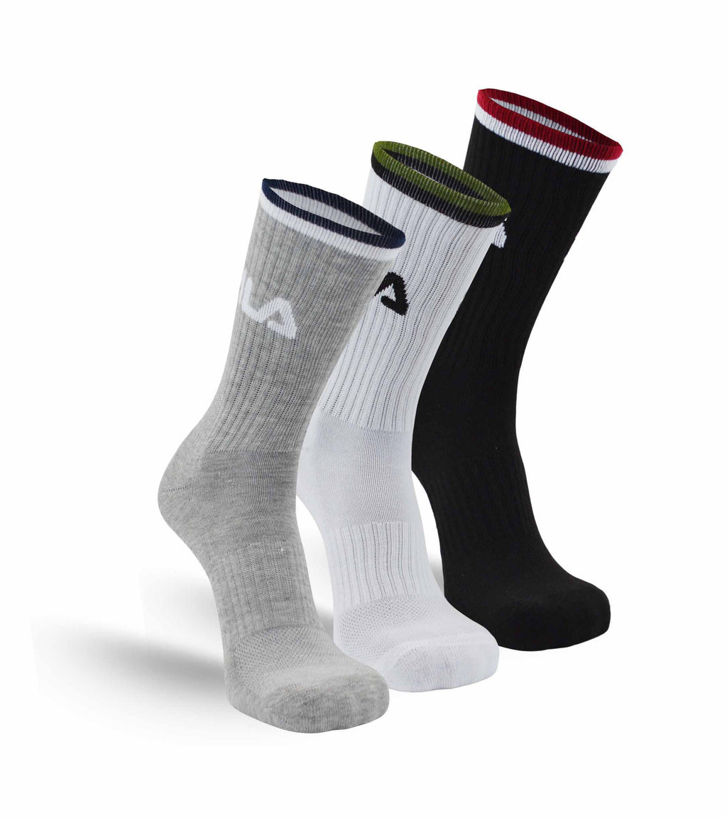 FILA MEN'S 3 PAIR LONG CREW SOCKS (BLACK/WHITE/GREY)