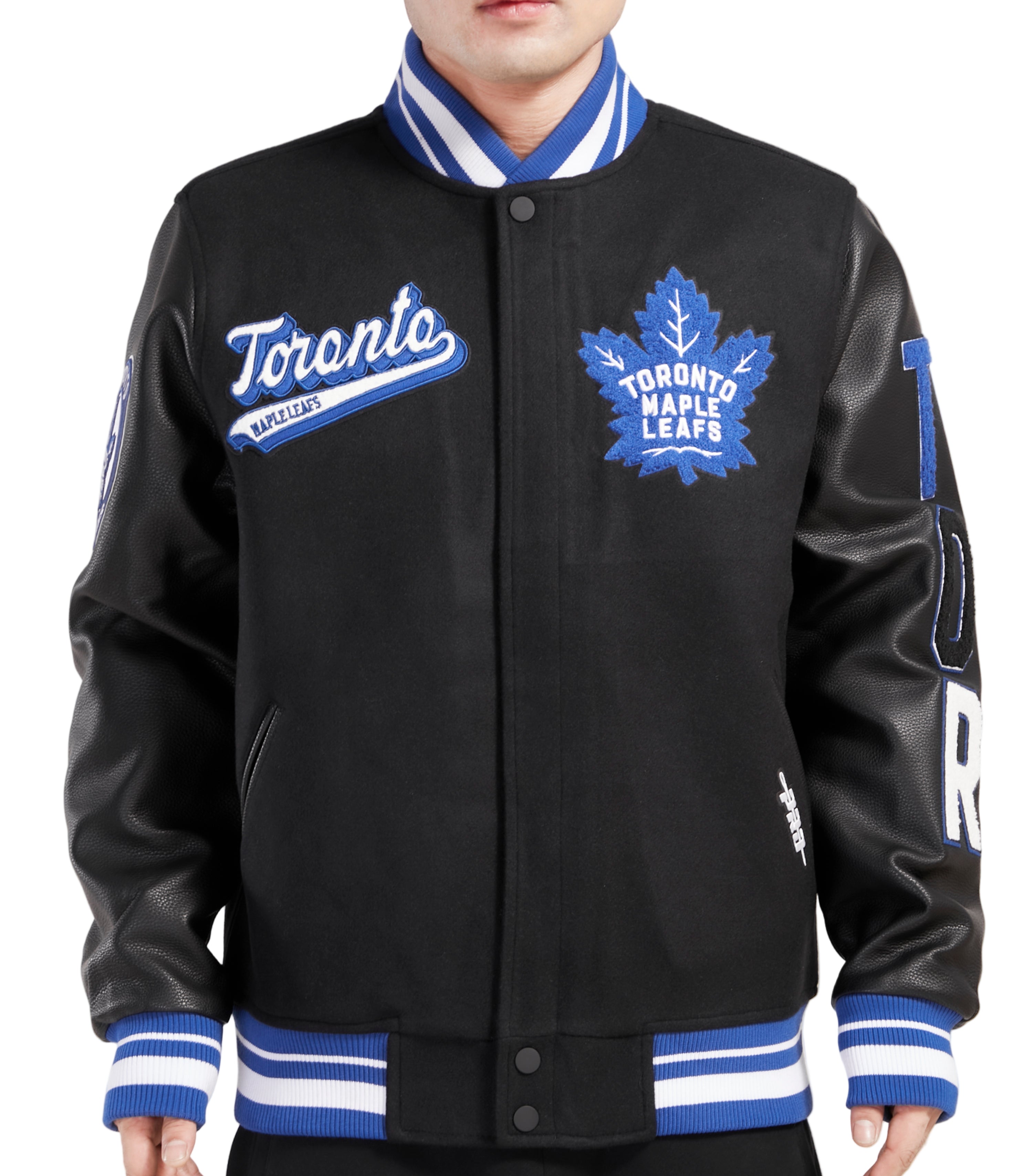 PRO STANDARD MEN'S NHL TORONTO MAPLE LEAFS SCRIPT TAIL WOOL BLACK VARSITY JACKET