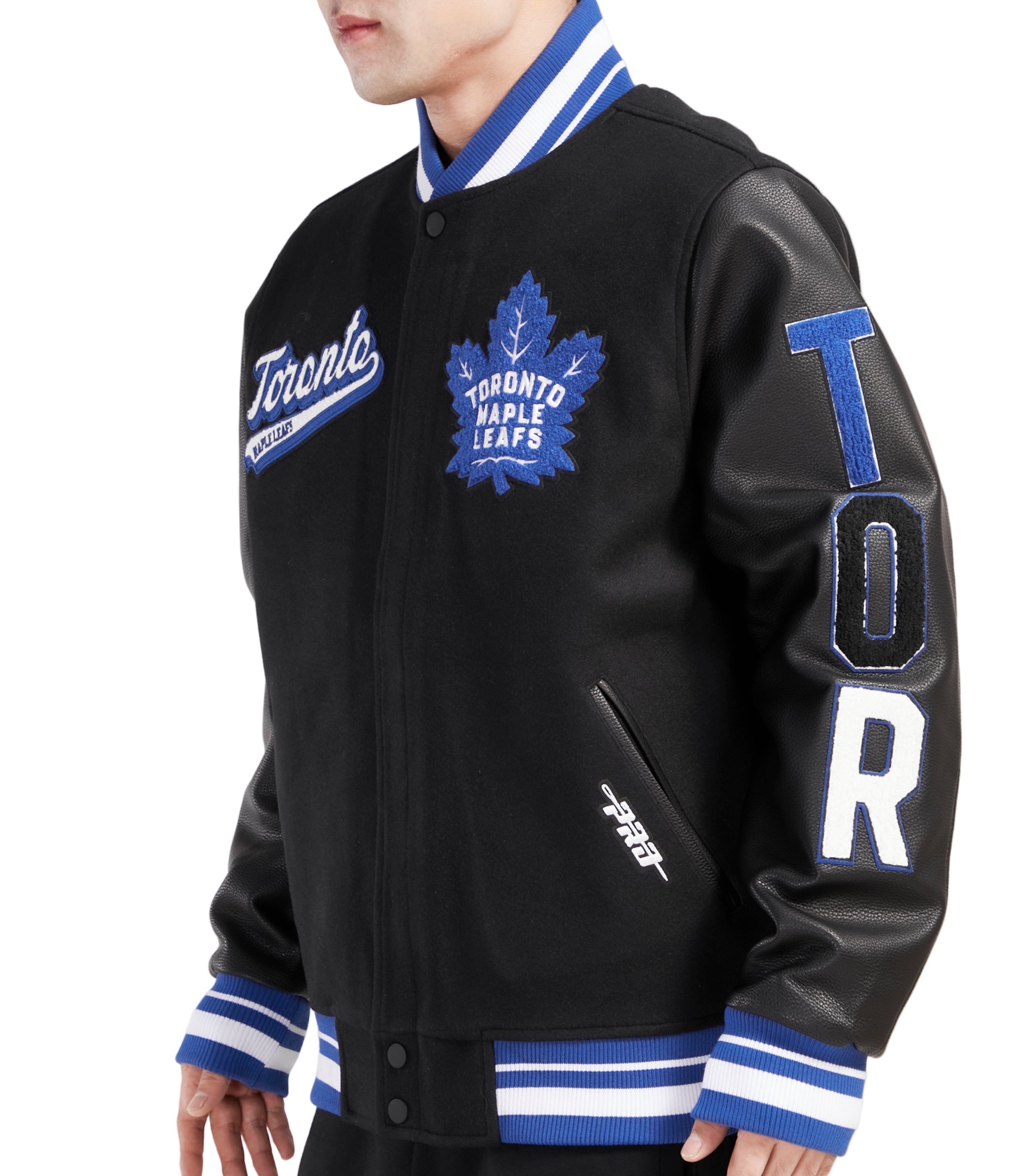 PRO STANDARD MEN'S NHL TORONTO MAPLE LEAFS SCRIPT TAIL WOOL BLACK VARSITY JACKET