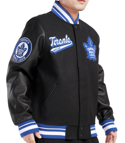 PRO STANDARD MEN'S NHL TORONTO MAPLE LEAFS SCRIPT TAIL WOOL BLACK VARSITY JACKET