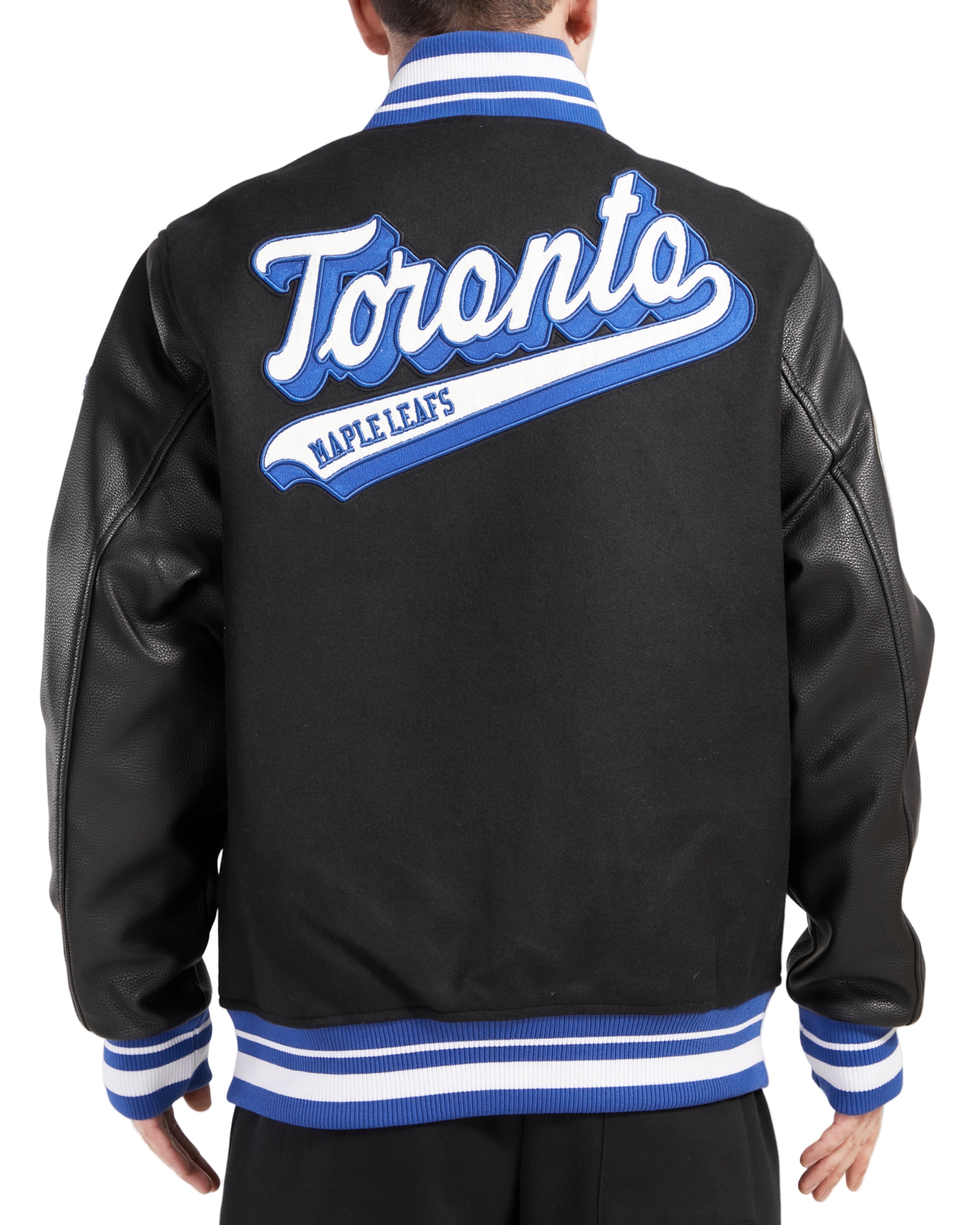 PRO STANDARD MEN'S NHL TORONTO MAPLE LEAFS SCRIPT TAIL WOOL BLACK VARSITY JACKET