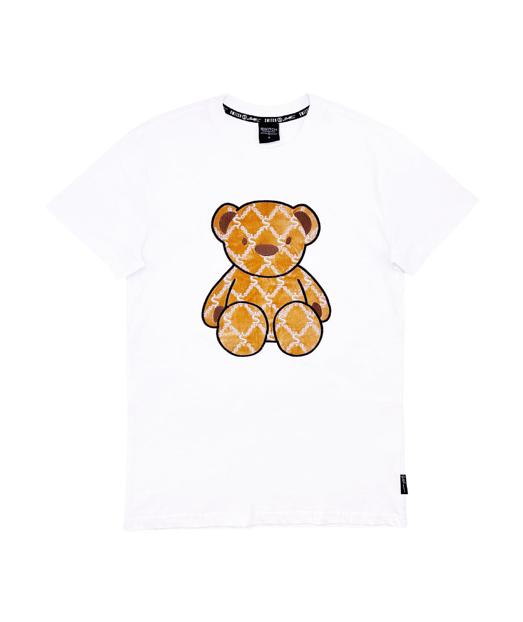 SWITCH MEN'S BEAR CHENILLE & METALLIC EMBROIDERY T-SHIRT (WHITE/KHAKI)