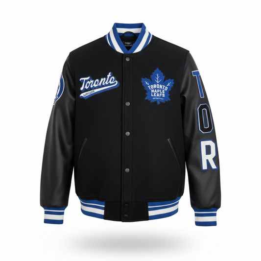 PRO STANDARD MEN'S NHL TORONTO MAPLE LEAFS SCRIPT TAIL WOOL BLACK VARSITY JACKET