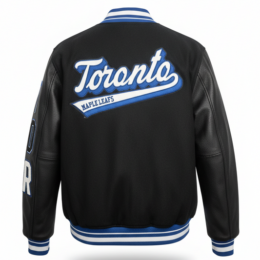 PRO STANDARD MEN'S NHL TORONTO MAPLE LEAFS SCRIPT TAIL WOOL BLACK VARSITY JACKET