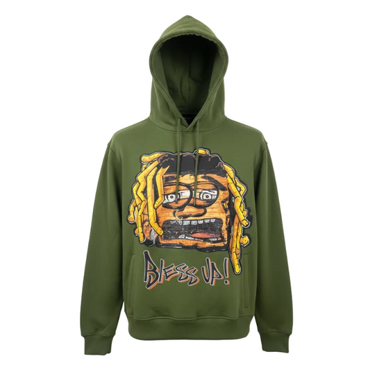 PJ MARK BLEECKER & MERCER MEN'S RHINESTONE BLESS UP GRAPHIC PULLOVER OLIVE HOODIE