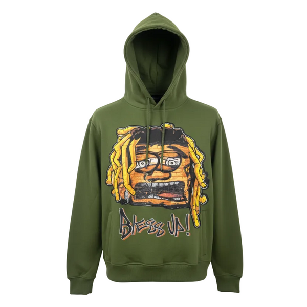 PJ MARK BLEECKER & MERCER MEN'S RHINESTONE BLESS UP GRAPHIC PULLOVER OLIVE HOODIE