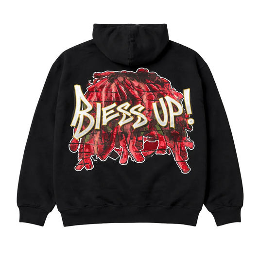 PJ MARK BLEECKER & MERCER MEN'S RHINESTONE BLESS UP GRAPHIC PULLOVER BLACK HOODIE