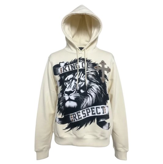 SWITCH REMARKABLE MEN'S RHINESTONE KING OF RESPECT, LION GRAPHIC HOODIE (CREAM)