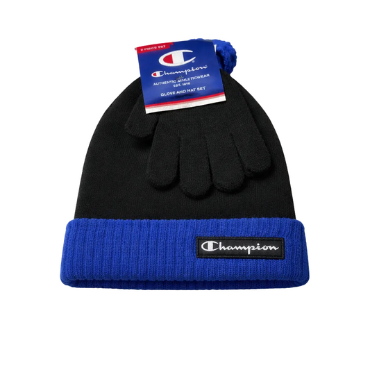 CHAMPION YOUTH KIDS BLACK/BLUE TOUQUE & GLOVES SET