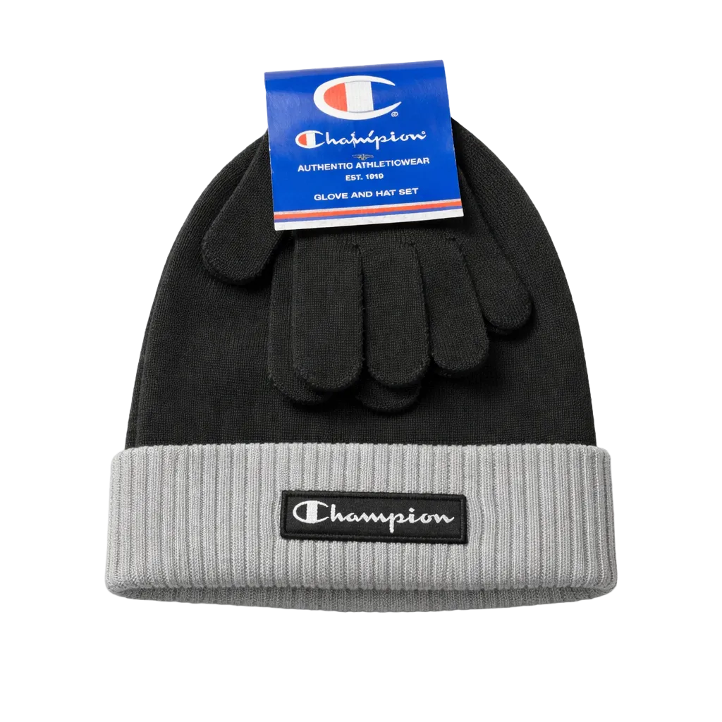CHAMPION YOUTH KIDS BLACK/GREY TOUQUE & GLOVES SET