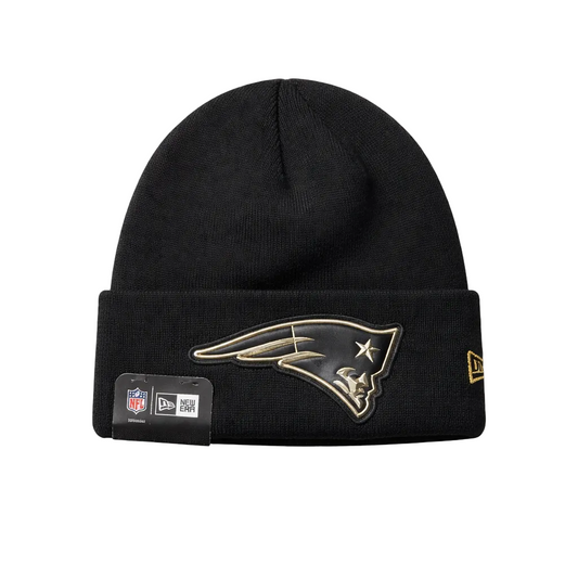 NEW ENGLAND PATRIOTS BLVD HIT KNIT HAT GOLD LOGO ON BLACK