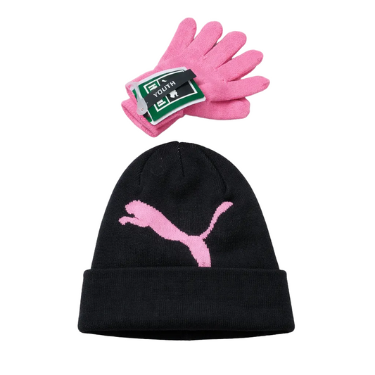 PUMA YOUTH KIDS BLACK & PINK TOUQUE & GLOVES SET