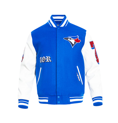PRO STANDARD MEN'S MLB TORONTO BLUE JAYS OLD ENGLISH 1992 & 1993 WORLD SERIES MASH UP RIB WOOL ROYAL BLUE/ WHITE VARSITY JACKET