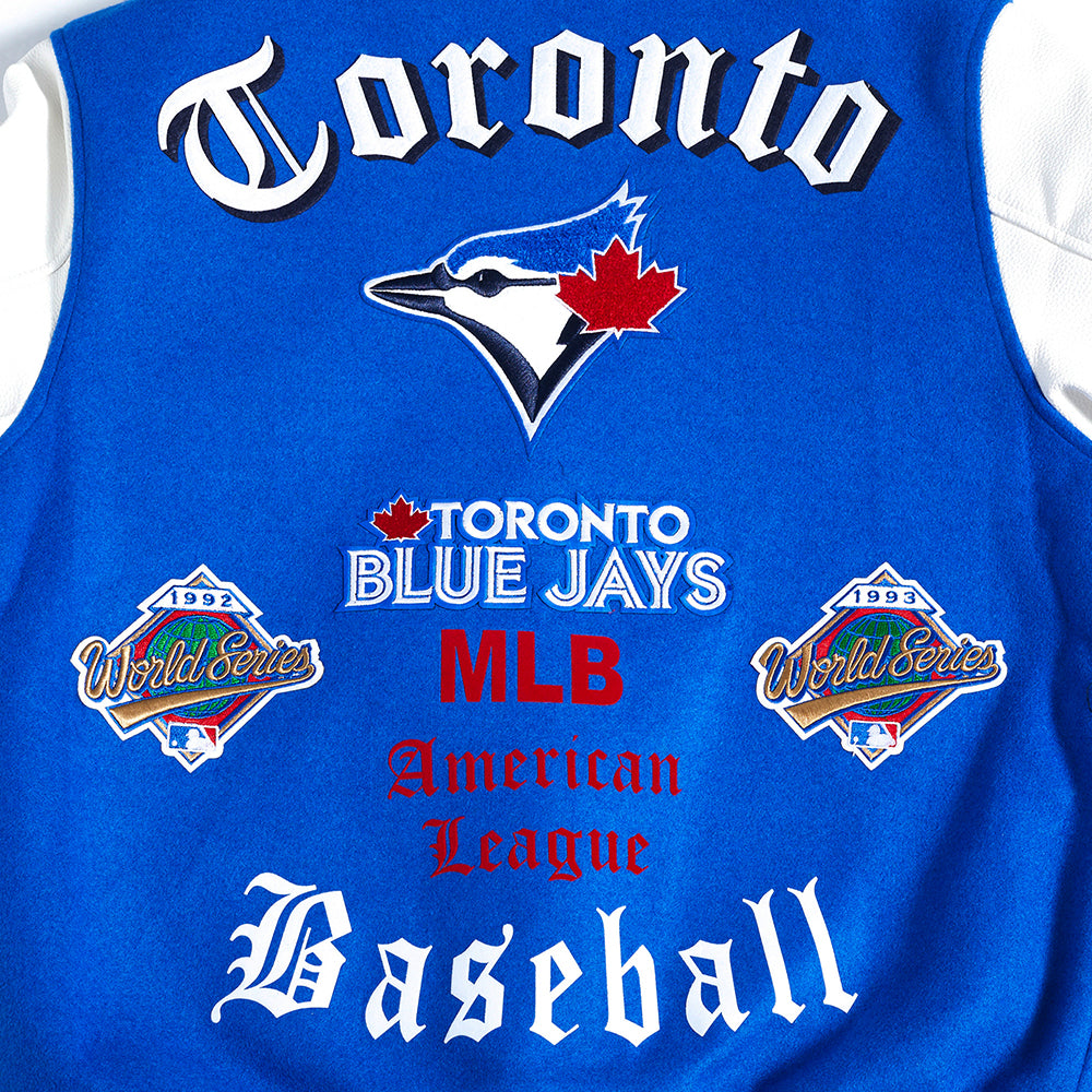 PRO STANDARD MEN'S MLB TORONTO BLUE JAYS OLD ENGLISH 1992 & 1993 WORLD SERIES MASH UP RIB WOOL ROYAL BLUE/ WHITE VARSITY JACKET