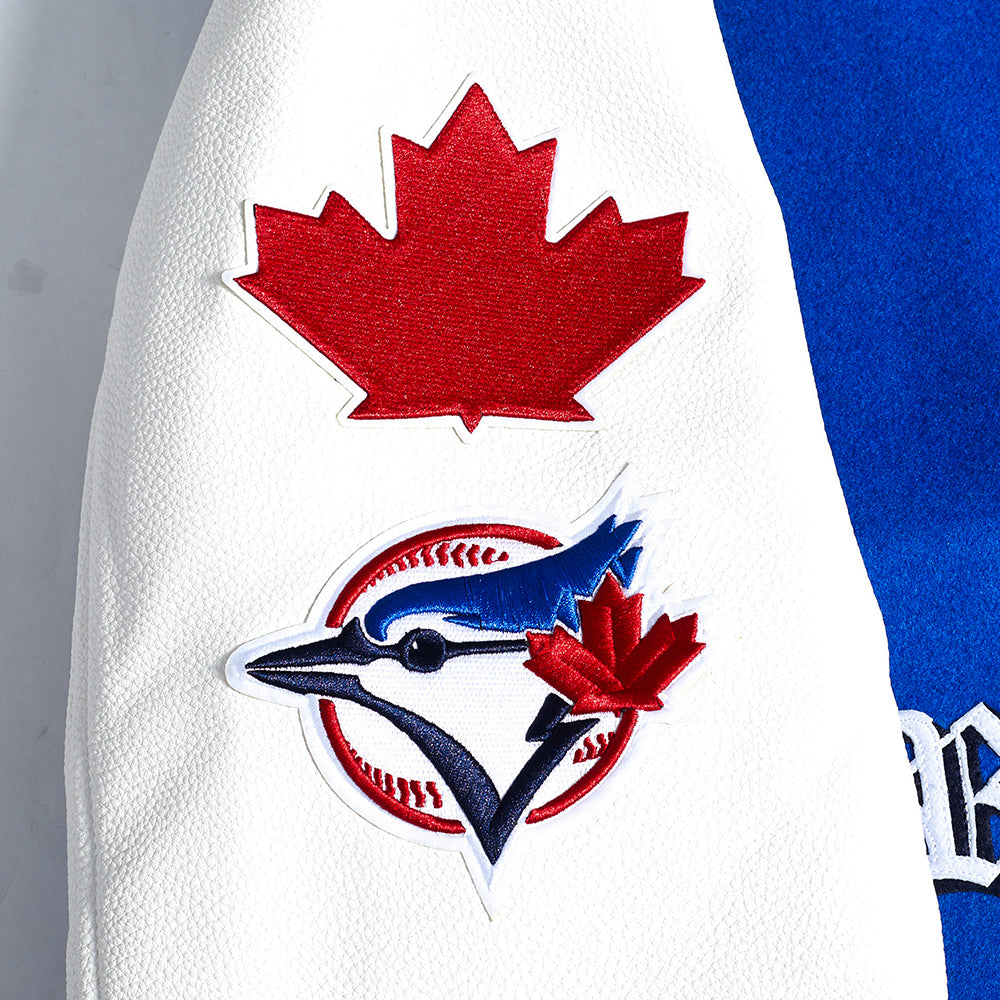 PRO STANDARD MEN'S MLB TORONTO BLUE JAYS OLD ENGLISH 1992 & 1993 WORLD SERIES MASH UP RIB WOOL ROYAL BLUE/ WHITE VARSITY JACKET