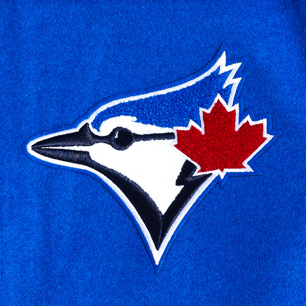 PRO STANDARD MEN'S MLB TORONTO BLUE JAYS OLD ENGLISH 1992 & 1993 WORLD SERIES MASH UP RIB WOOL ROYAL BLUE/ WHITE VARSITY JACKET