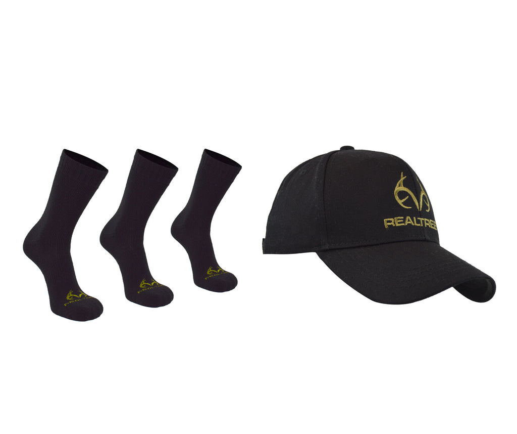 REALTREE MEN'S 3 PAIR LONG CREW SOCKS & CAP COMBO SET (BLACK/OLIVE)