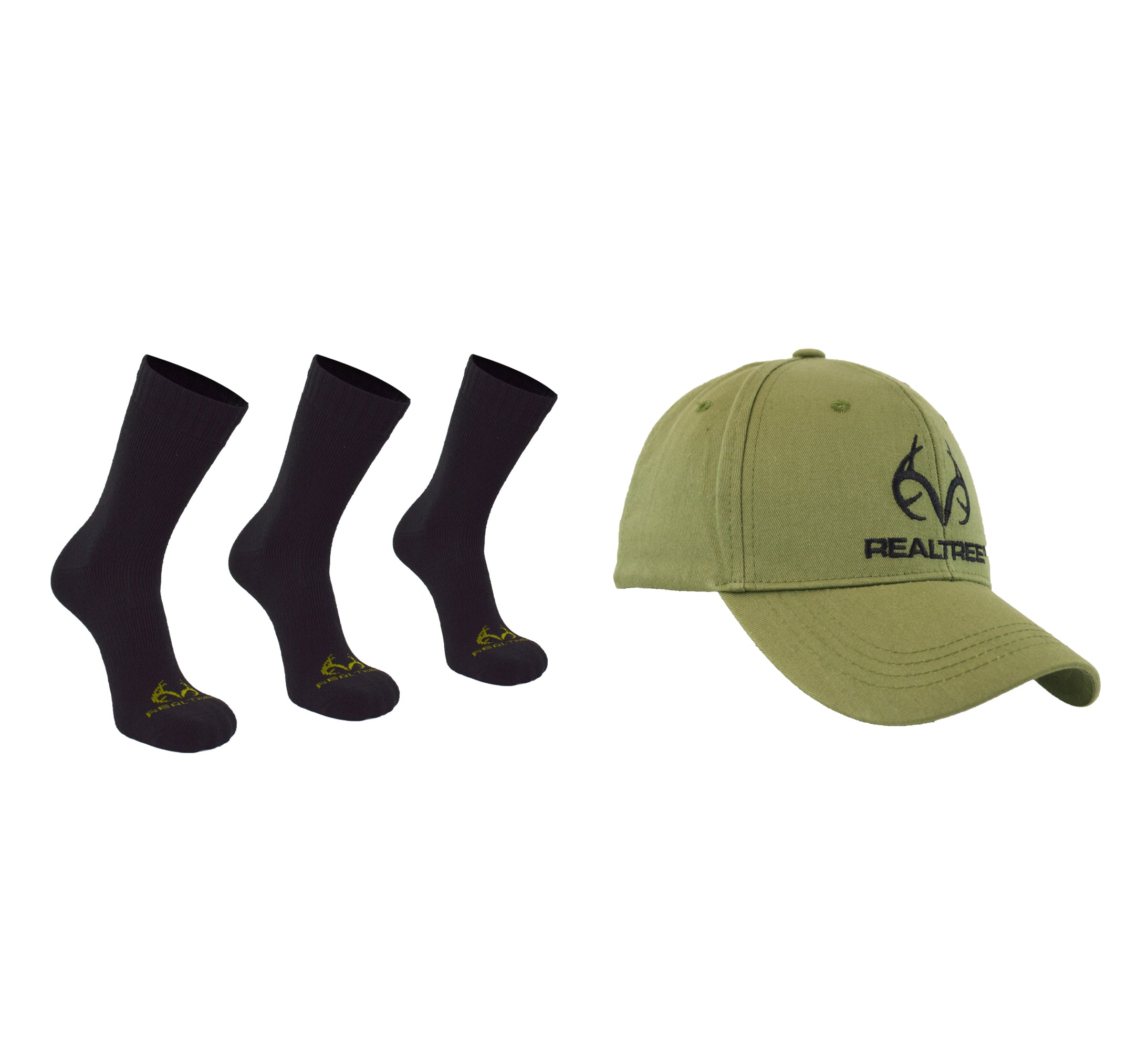 REALTREE MEN'S 3 PAIR LONG CREW SOCKS & CAP COMBO SET (OLIVE/BLACK)