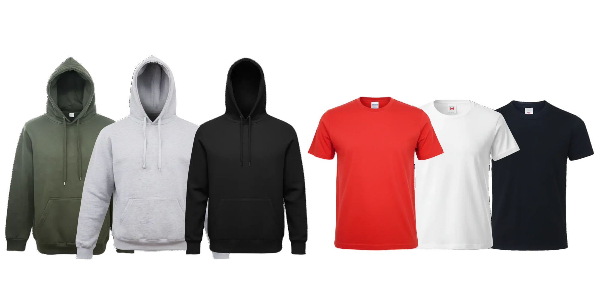 Collection of hoodies and t-shirts in various colors on a white background