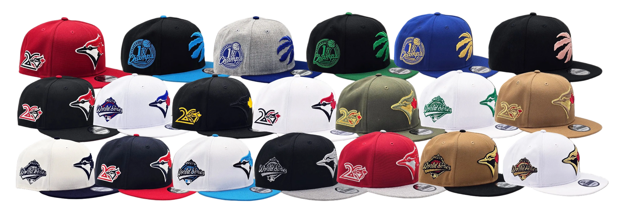 Collection of New Era caps with various designs on a dark background, featuring text about exclusive new drops.