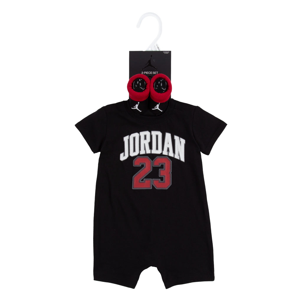 JORDAN NEWBORN ROMPER & BOOTIE SET (BLACK SIZE 0-6 MONTHS)