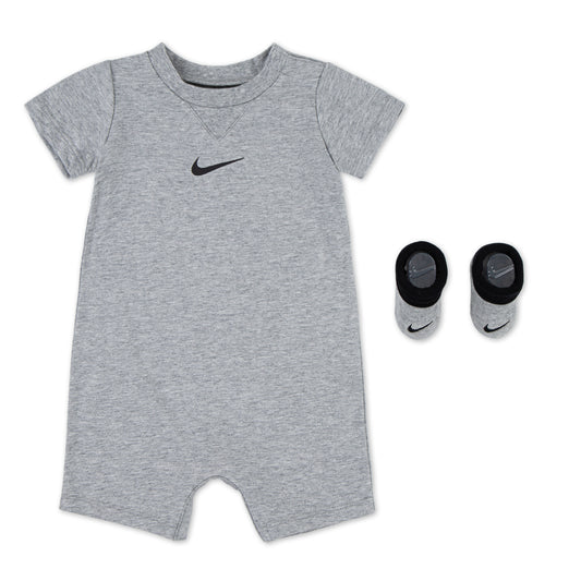 NIKE INFANT BABIES ESSENTIALS ROMPER AND BOOTIES 0-6M DARK GREY SET