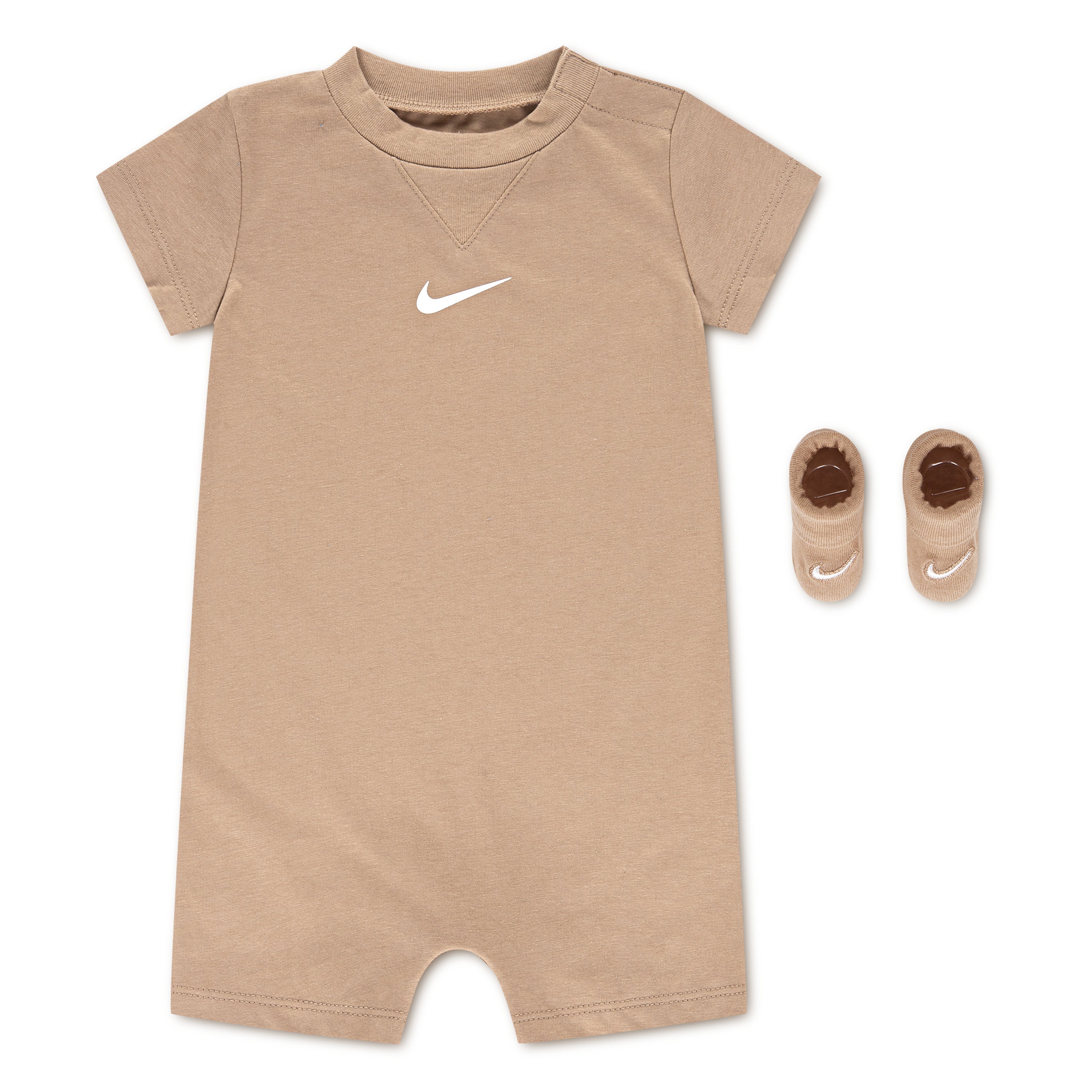 NIKE INFANT BABIES ESSENTIALS ROMPER AND BOOTIES 0-6M HEMP BEIGE SET