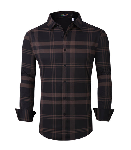 PAVINI MEN'S PLAID BUTTON UP LONG SLEEVE SHIRT (BROWN)