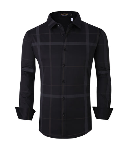 PAVINI MEN'S PLAID BUTTON UP LONG SLEEVE SHIRT (BLACK)