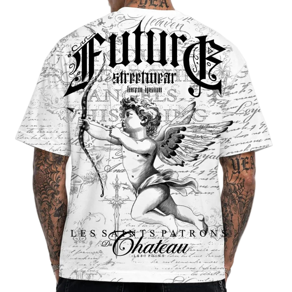 LEFT POINT MEN'S RHINESTONE DESIGN FUTURE STREETWEAR WHITE T-SHIRT