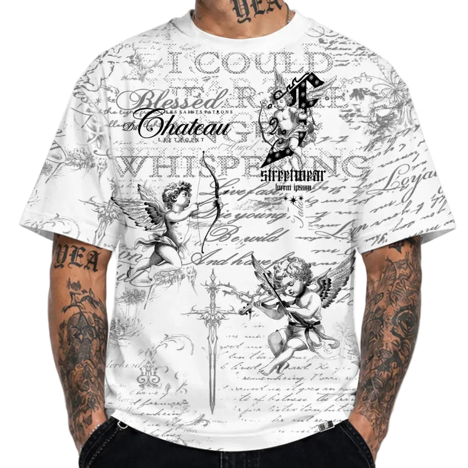 LEFT POINT MEN'S RHINESTONE DESIGN FUTURE STREETWEAR WHITE T-SHIRT