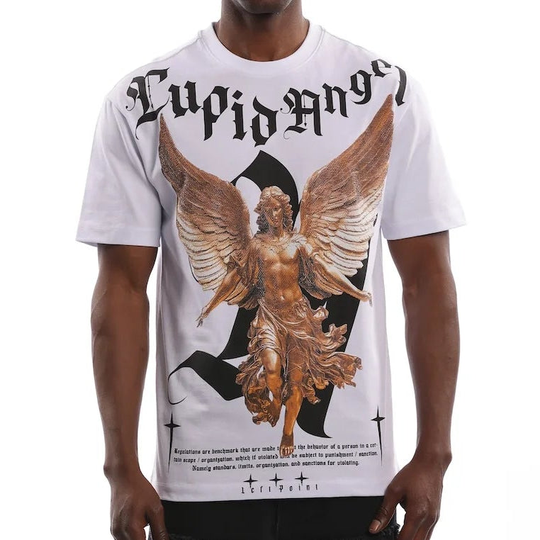 LEFT POINT MEN'S RHINESTONE DESIGN CUPID ANGEL WHITE T-SHIRT